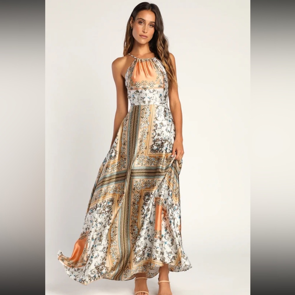 Divinely Inspired White Scarf Print Satin Backless Maxi Dress🥂✨💛